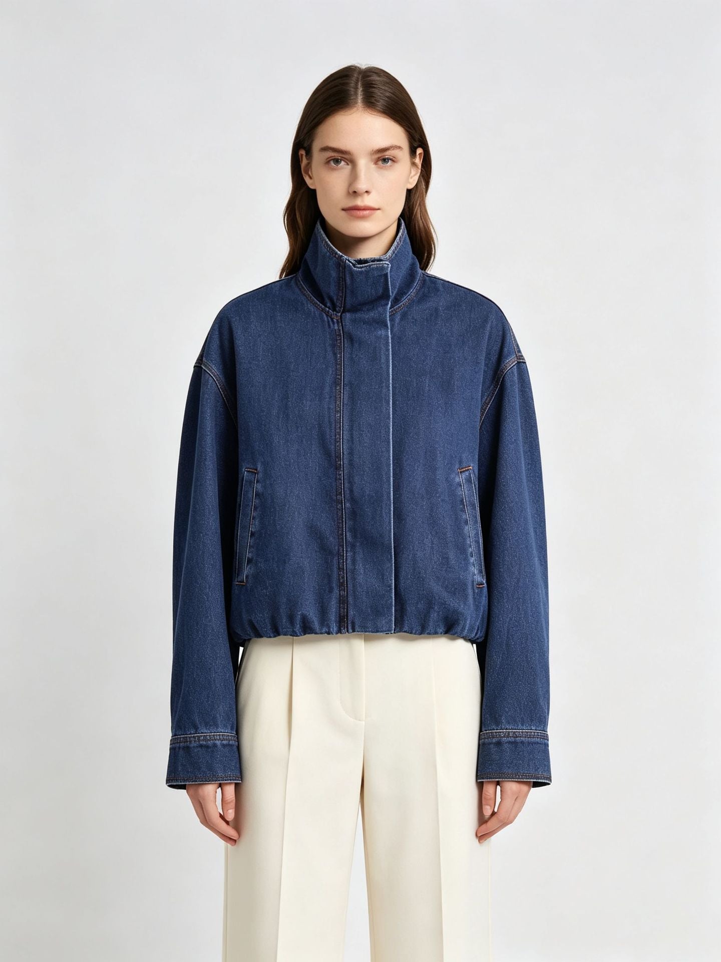Cropped Denim Jacket for Women — Oversized Zip-Up Style with Elastic Hem