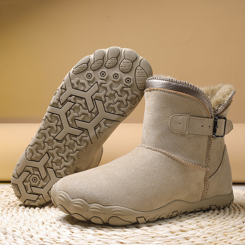Women’s winter cotton snow boots, beige suede with faux fur trim and grippy outsole