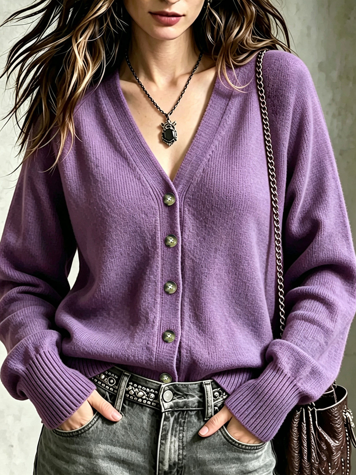 Purple knit V-neck button-front cardigan with long sleeves and ribbed cuffs
