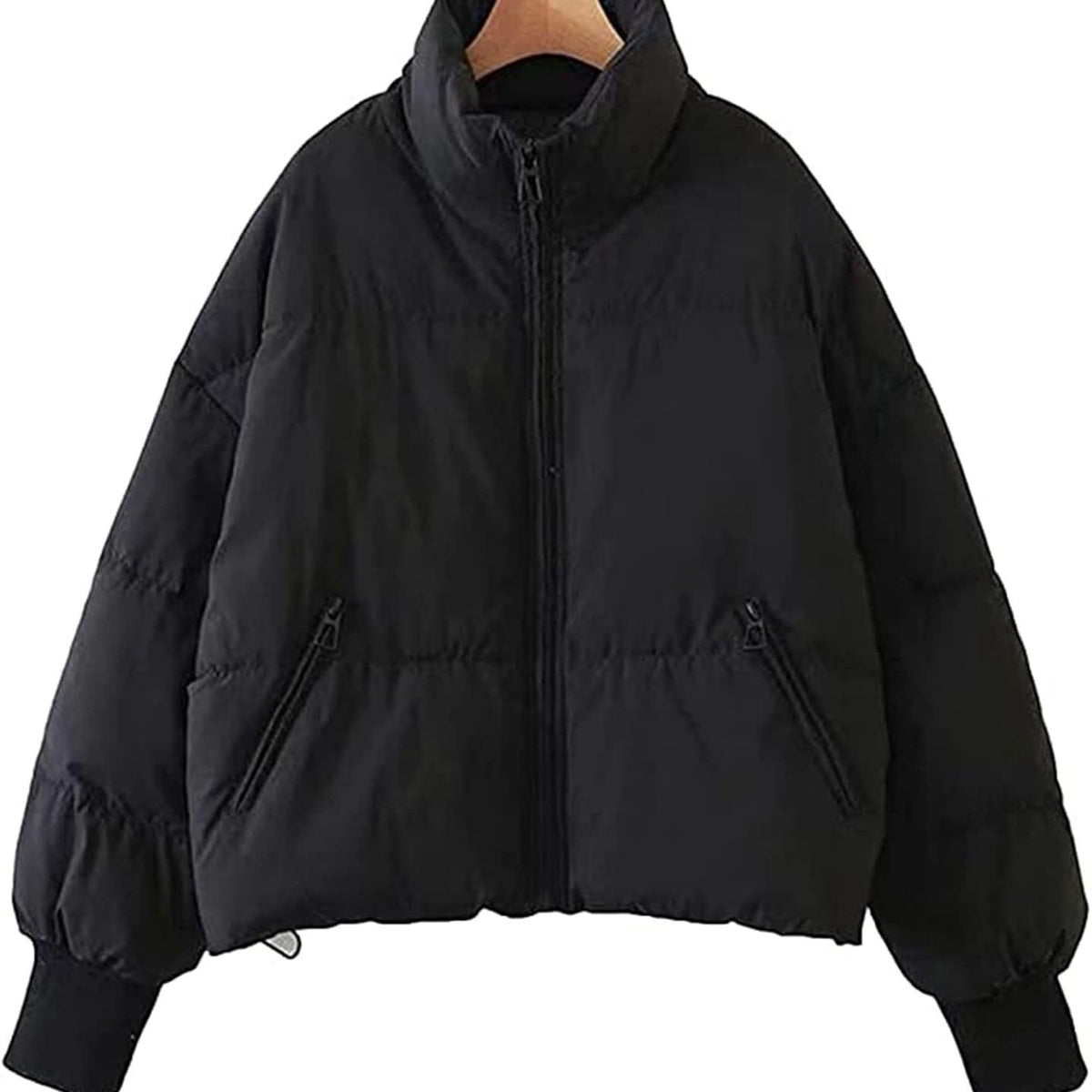 Women’s quilted cotton winter jacket, black, full-zip front with stand collar and pockets