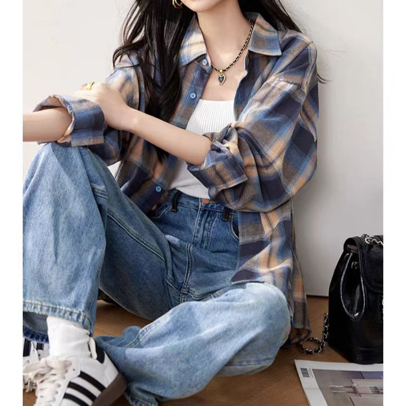 Oversized Plaid Shirt for Women — Button Front Layering Top with Chest Pocket in Brushed Cotton