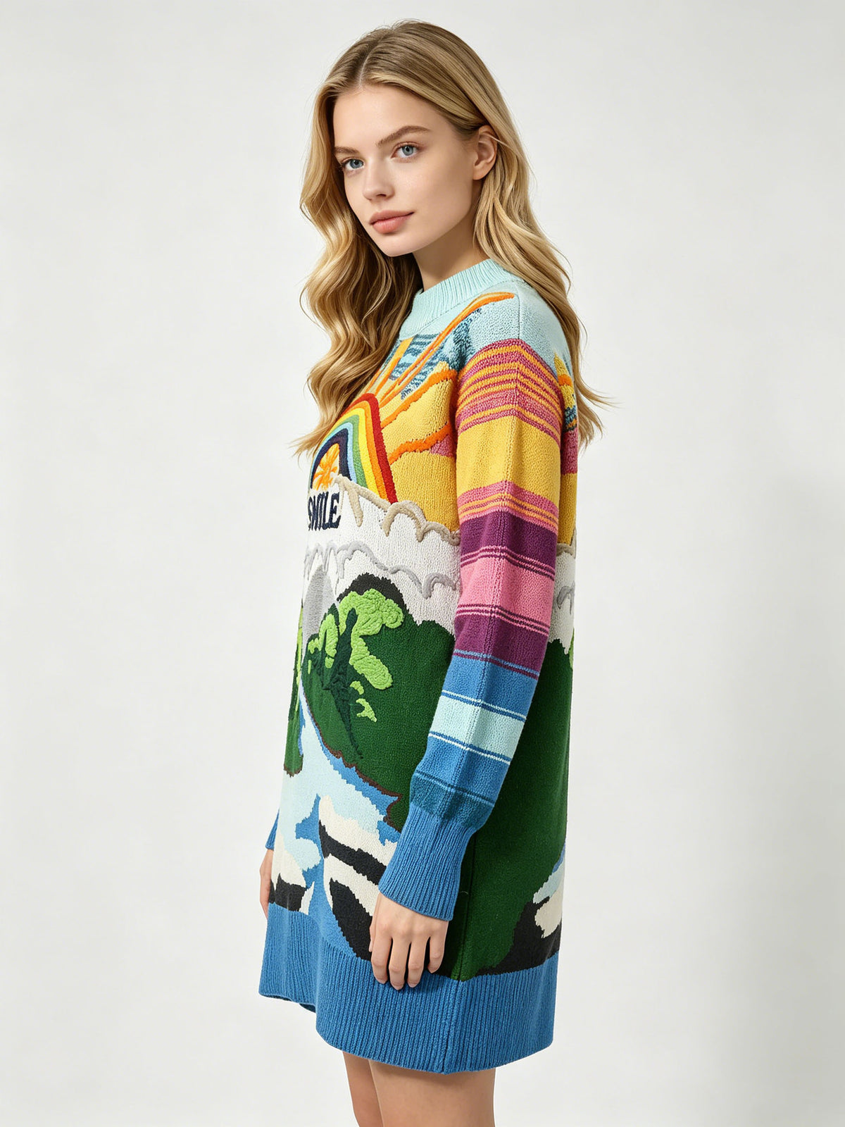 Women's sky-blue knit sweater dress side view with landscape print and rainbow stripes