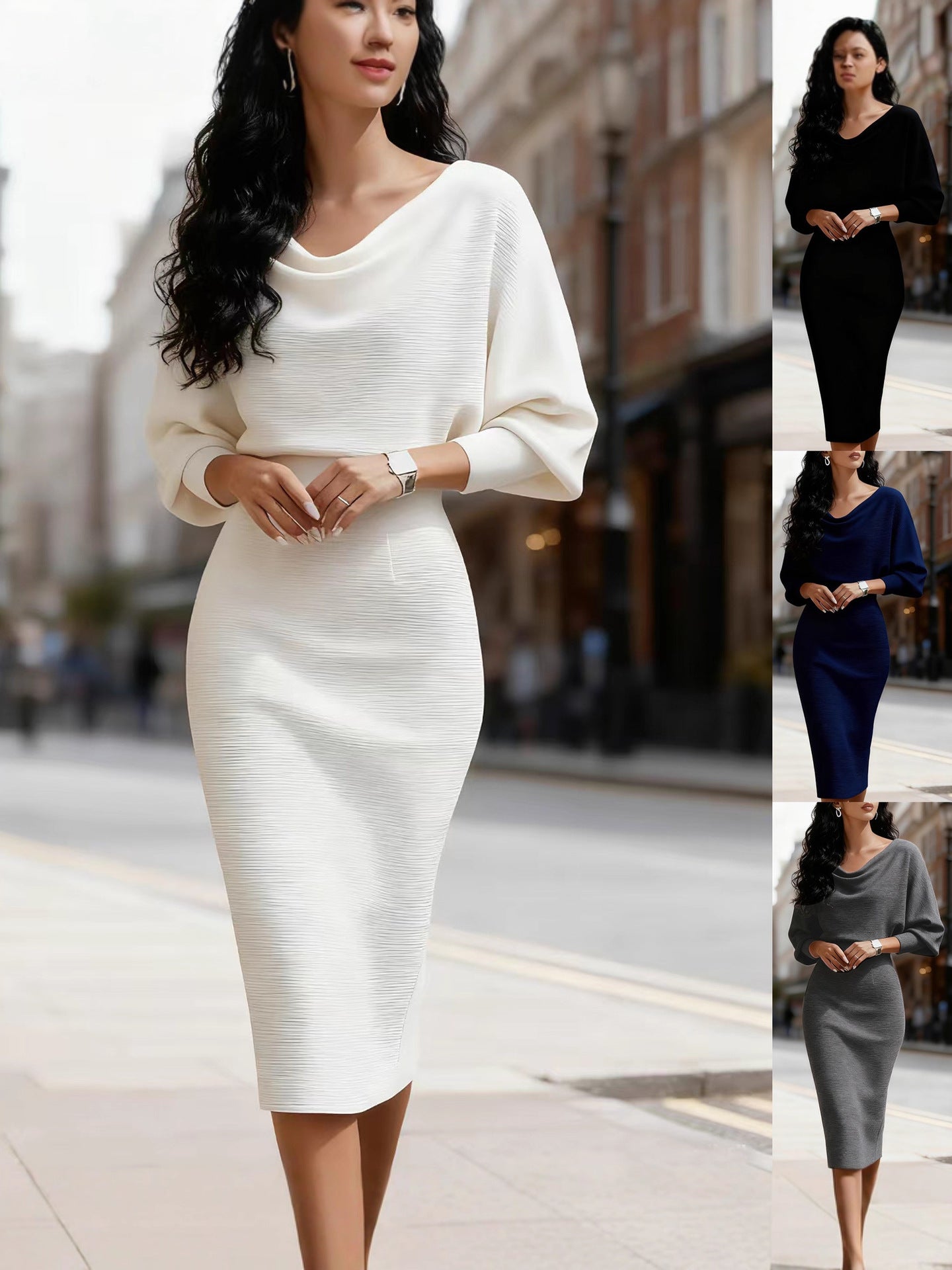 Cowl Neck Midi Dress — Batwing Sleeve Bodycon Pencil Fit for Work in Textured Knit