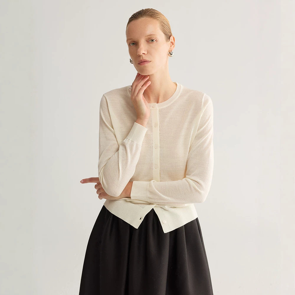 Women’s round-neck wool cardigan, off-white, button-front knit with long sleeves