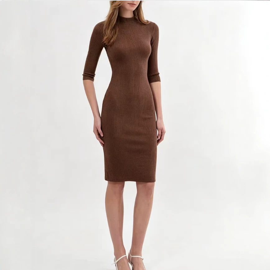 Dark brown mock neck bodycon ribbed knit dress with three-quarter sleeves, midi length