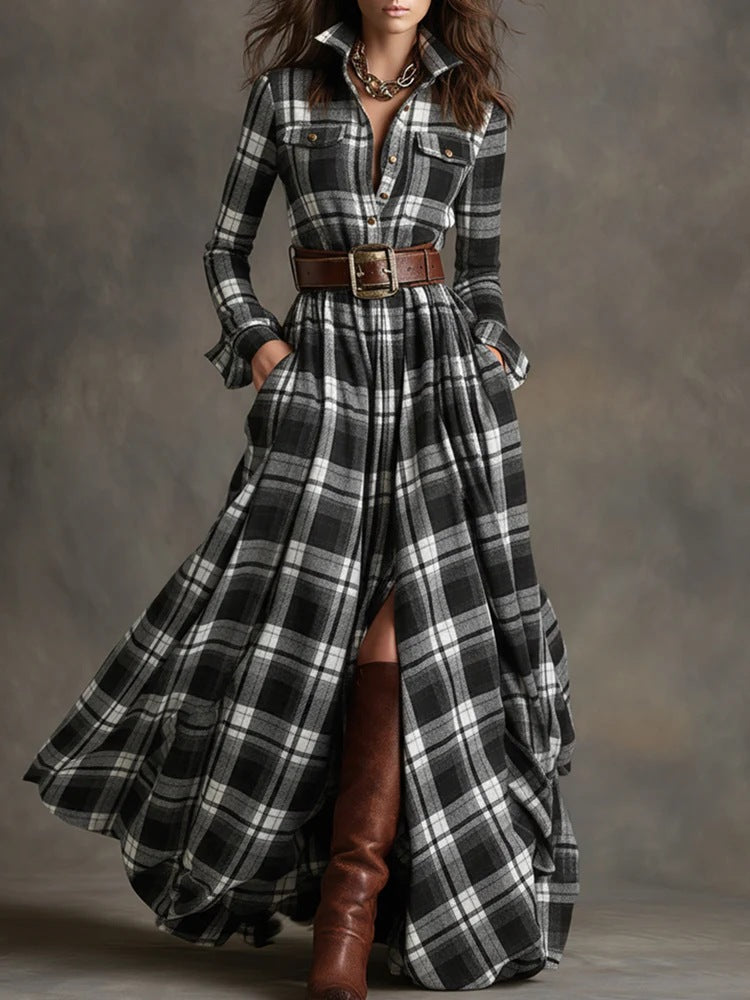 Black plaid maxi shirt dress with button front, long sleeves, corset-style belt, front slit