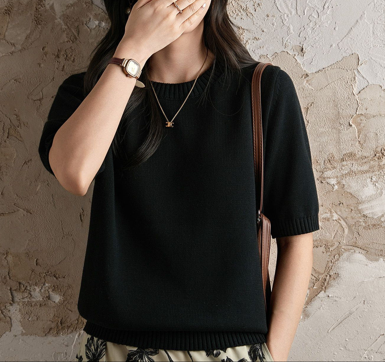 Short Sleeve Knit Top for Women — Crew Neck Cotton Sweater Tee with Ribbed Trim