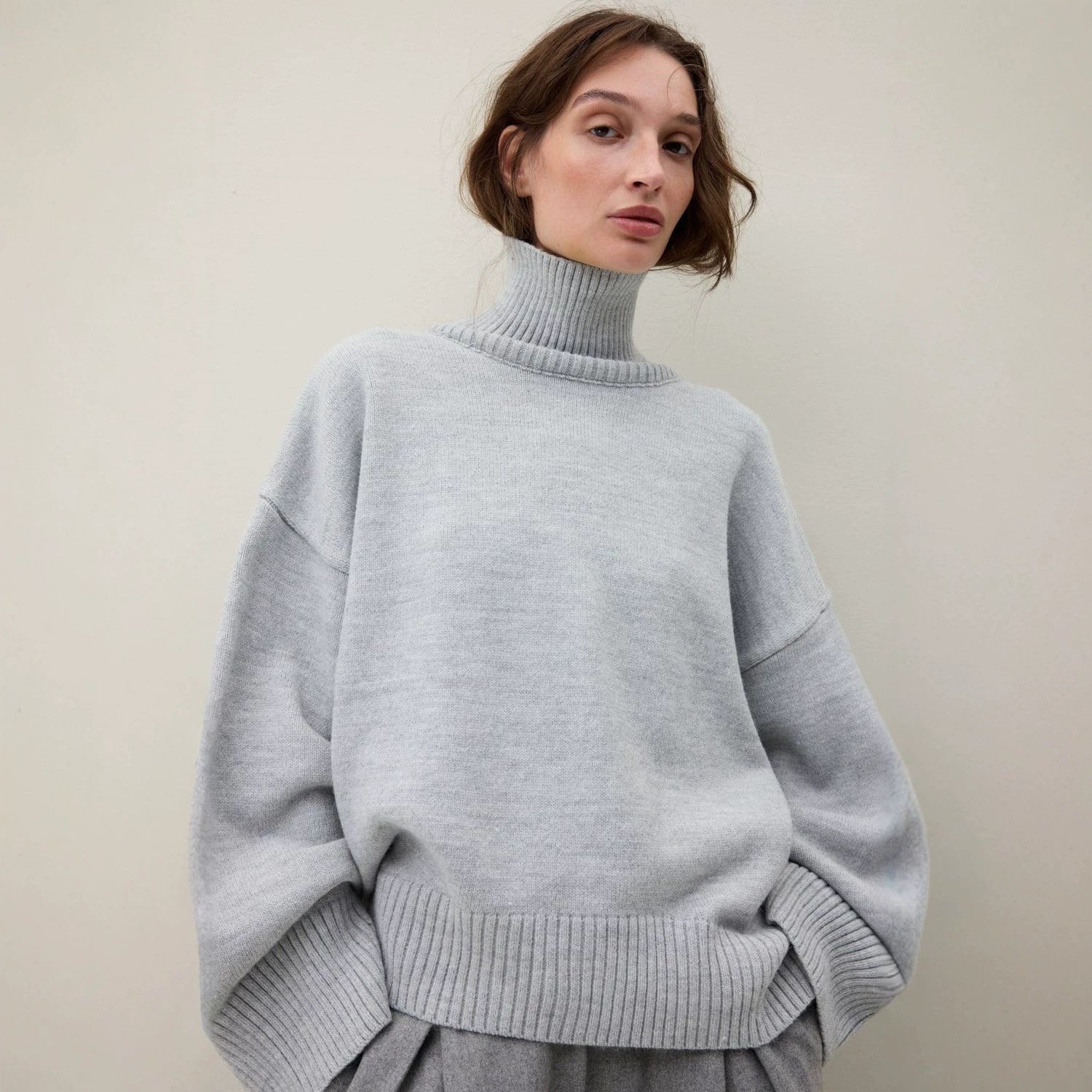 Oversized Turtleneck Sweater for Women — Chunky Knit Pullover with Drop Shoulders in Wool