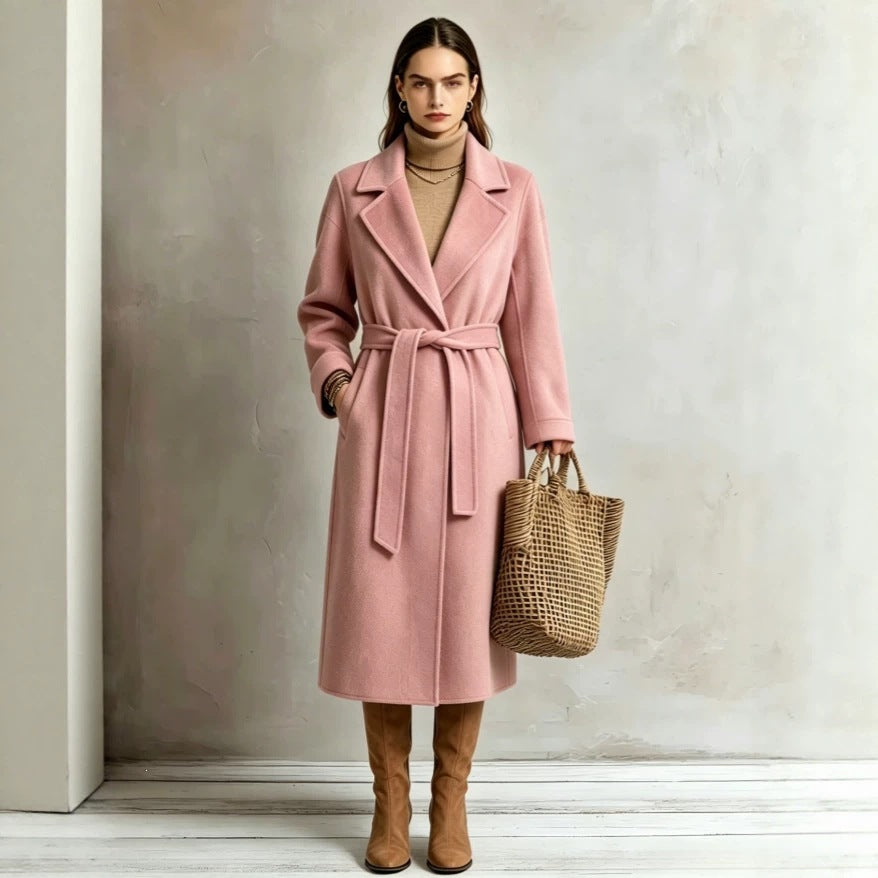 Pink long lapel coat with tie belt, women’s wool-style overcoat