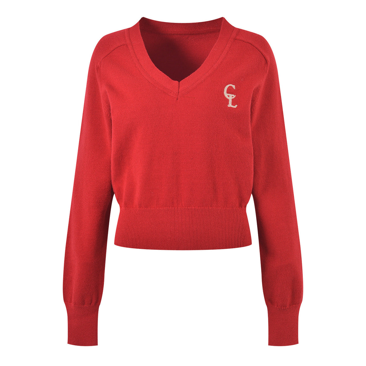 Women's red knitted V-neck sweater with long sleeves, ribbed hem and cuffs, chest logo