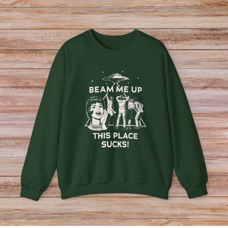 Graphic Sweatshirt for Women — Oversized Retro UFO Print Crew Neck in Cotton Fleece