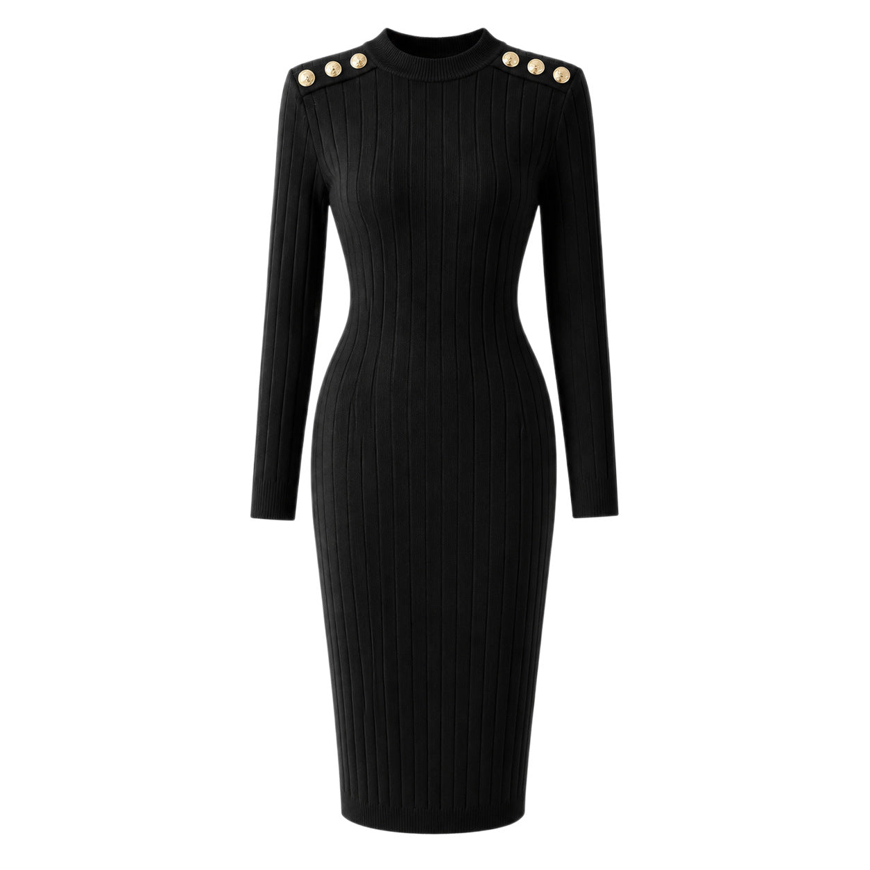 Black ribbed mock-neck bodycon dress with long sleeves and gold shoulder buttons