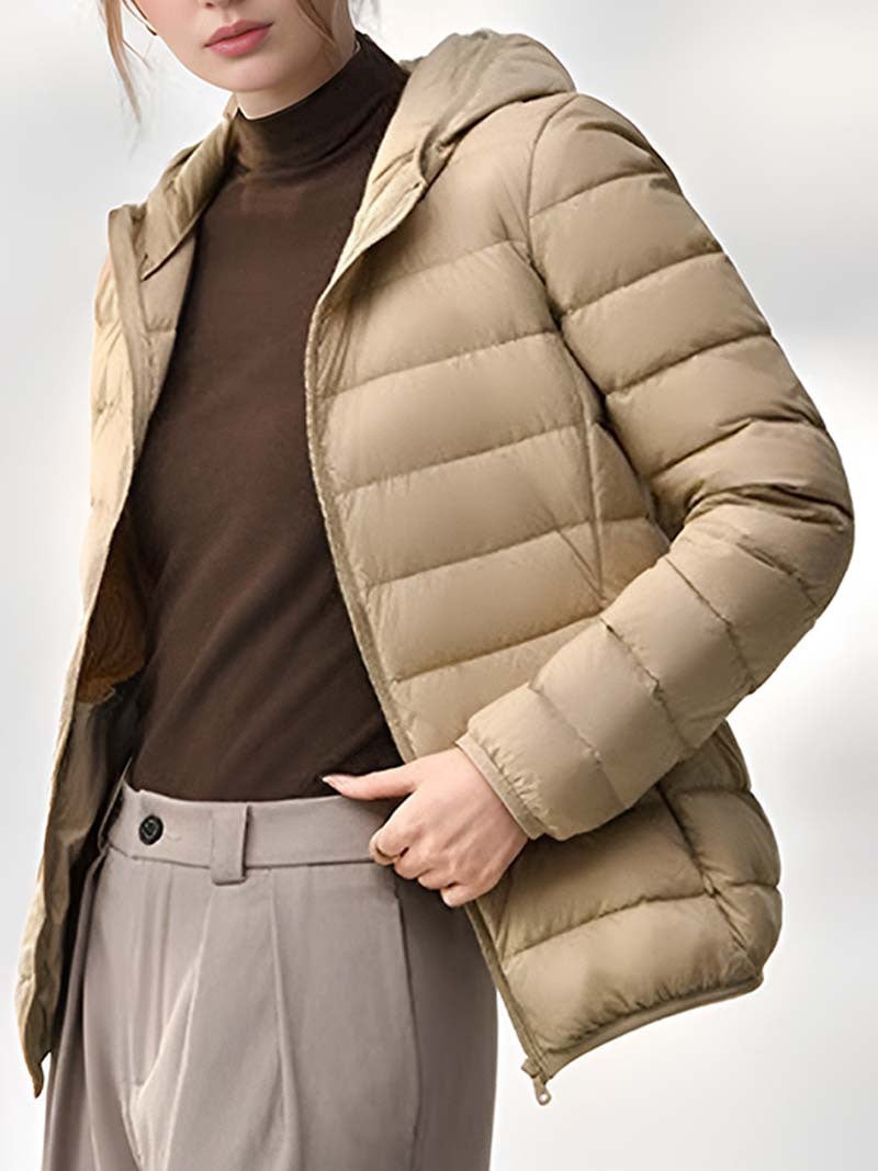 Women's khaki hooded down jacket with horizontal quilting, worn open.