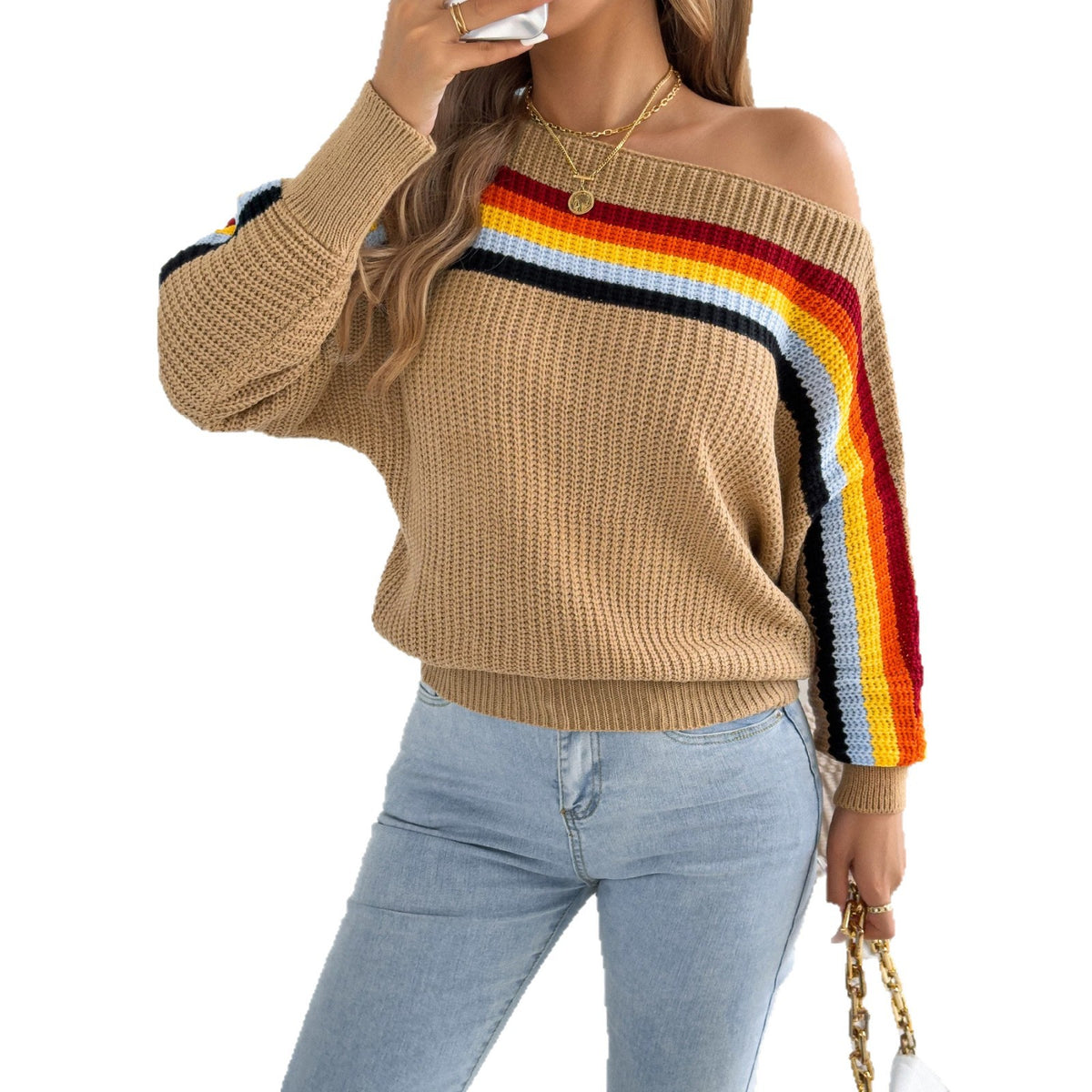 Beige off-shoulder knit sweater with rainbow stripe shoulder detail and lantern sleeves