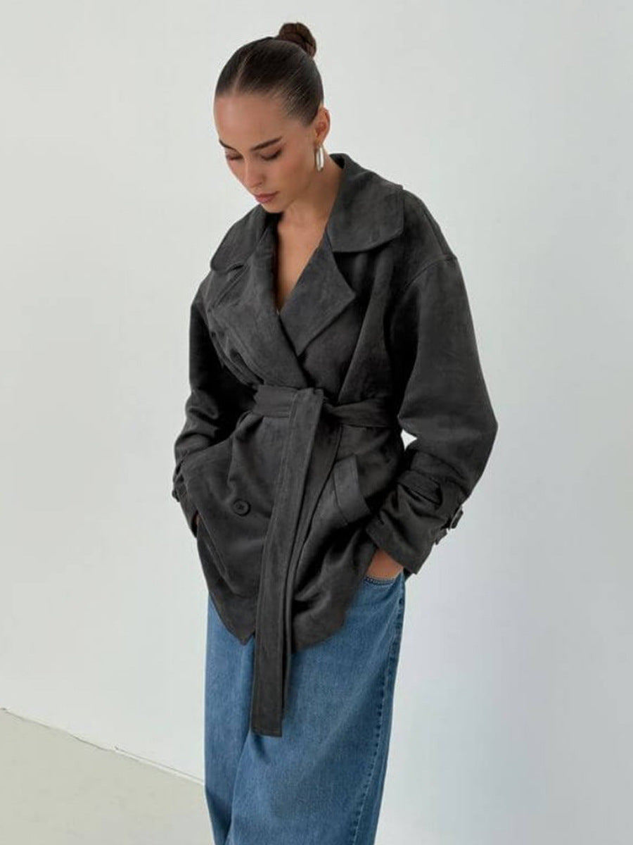 Charcoal suede lapel tie-waist jacket with wrap belt and button front