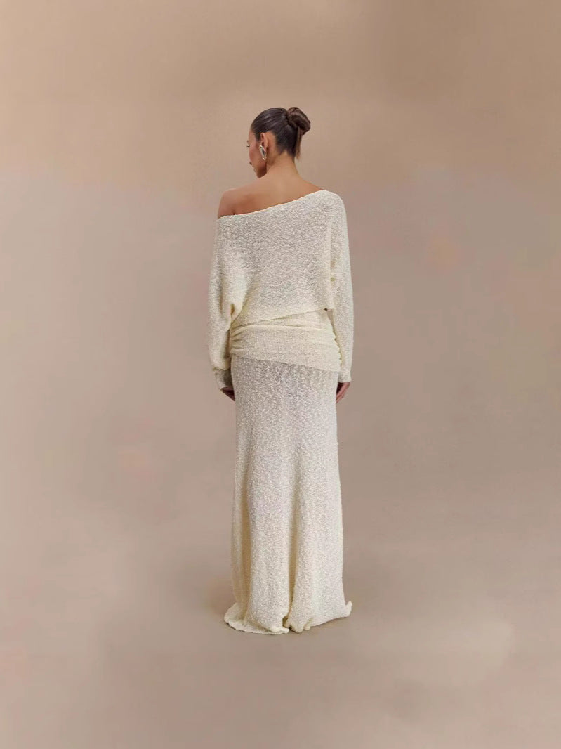 Women's knitted two-piece maxi dress set, light yellow long-sleeve back and ruched waist skirt