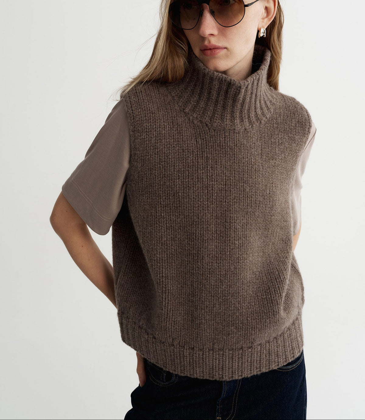 Dark brown wool knit sleeveless vest with high stand-up collar
