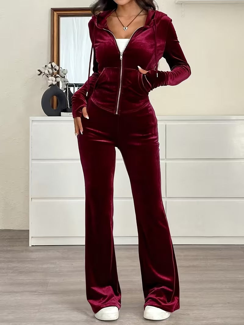 Burgundy velour cropped zip hoodie and flared track pants set for women