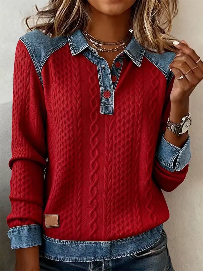 Cable Knit Sweater for Women — Denim Collar Cuffs and Hem with Button Placket in Wool