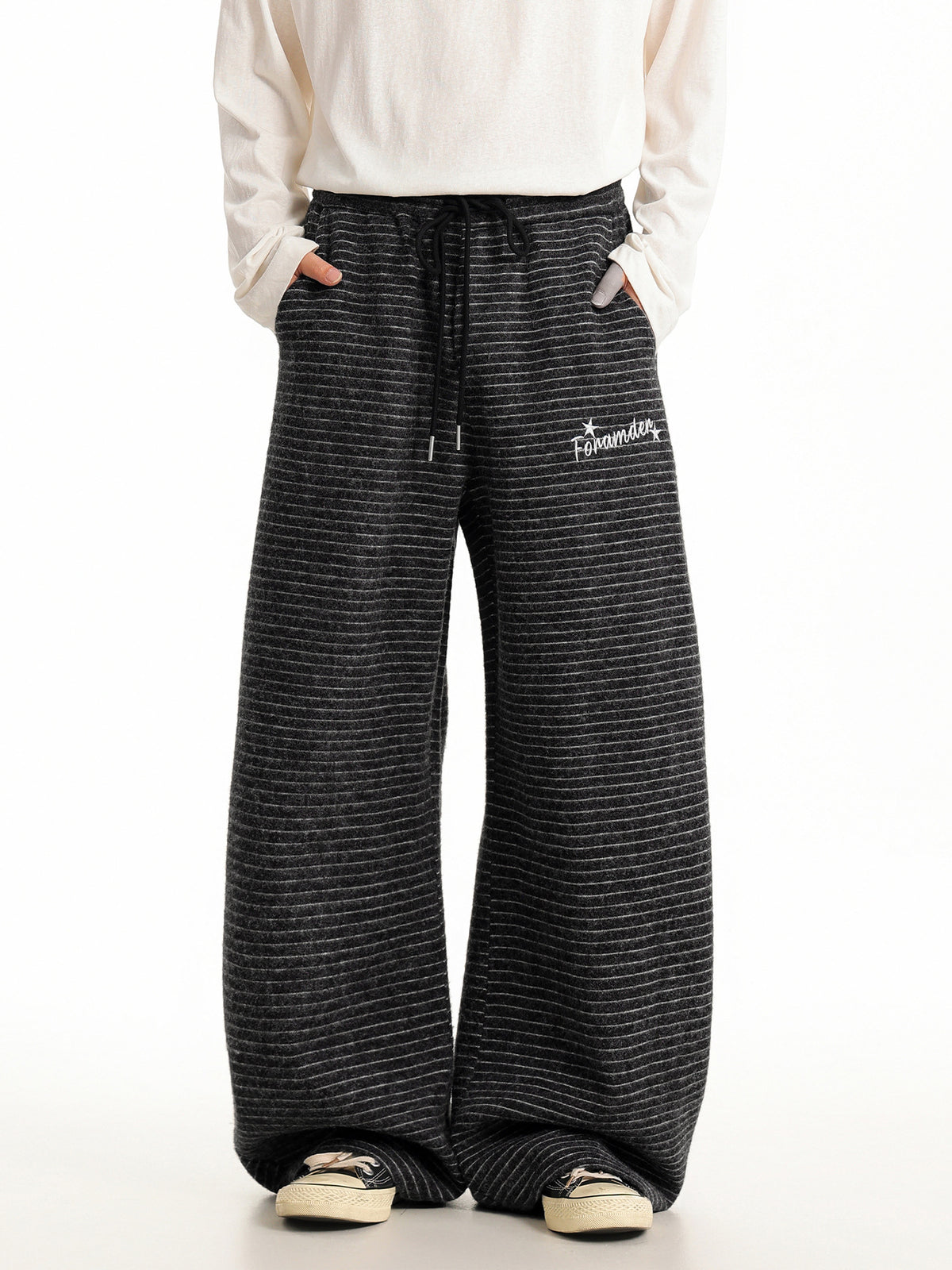 Black striped wide-leg sweatpants with drawstring waist and wide roomy legs
