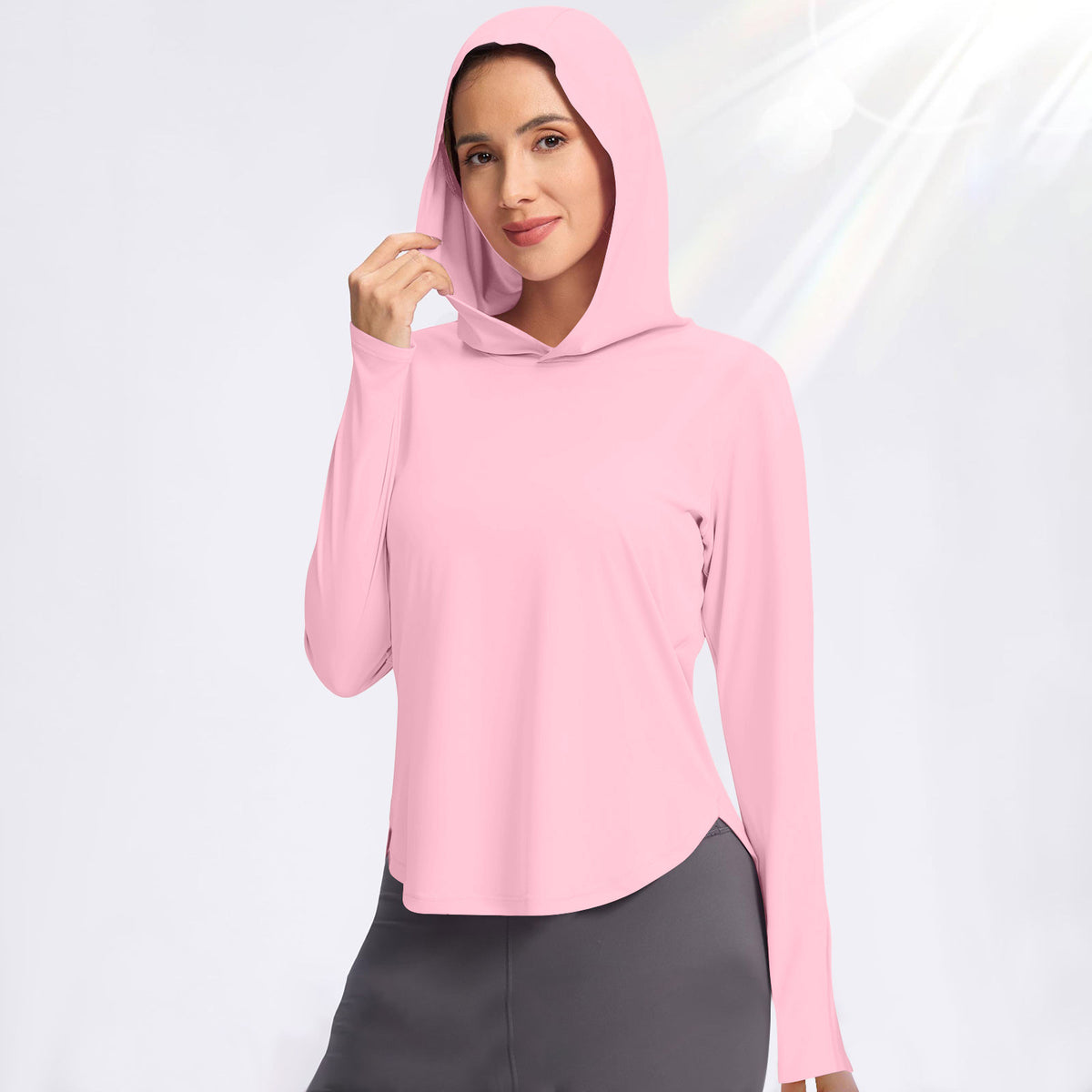 Women's hooded sun protection shirt, long-sleeve, pink hoodie with V-neck