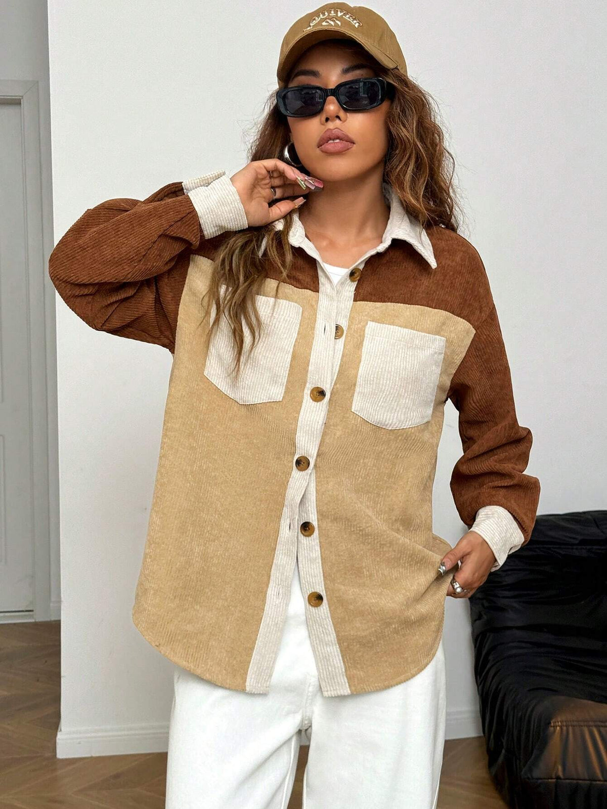 Women’s corduroy colorblock jacket, brown and tan, button-up shirt style with pockets