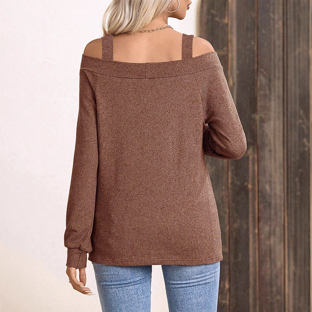 Off Shoulder Long Sleeve Top — Relaxed Fit with Strappy Cold Shoulder Neckline in Brushed Knit