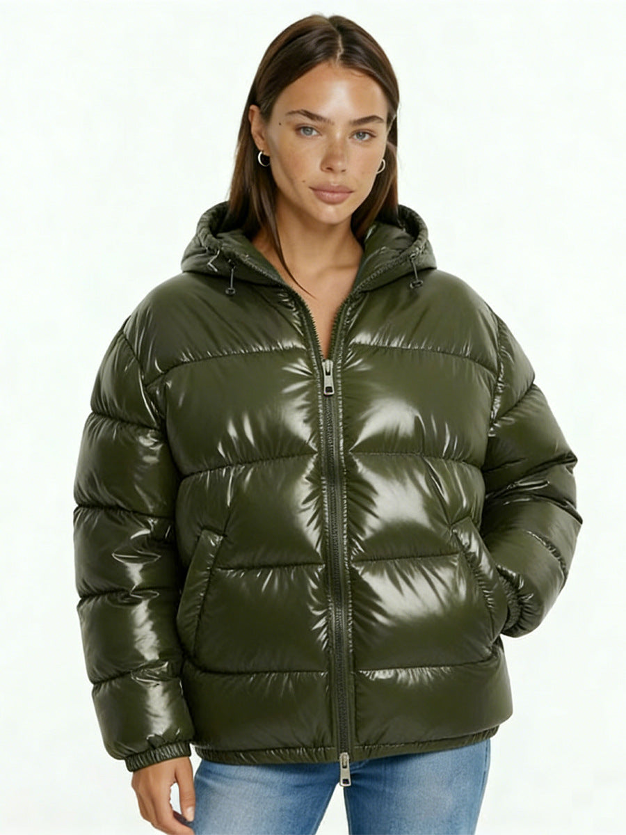 Shiny army green puffer jacket with hood, quilted baffles, and zip-front closure