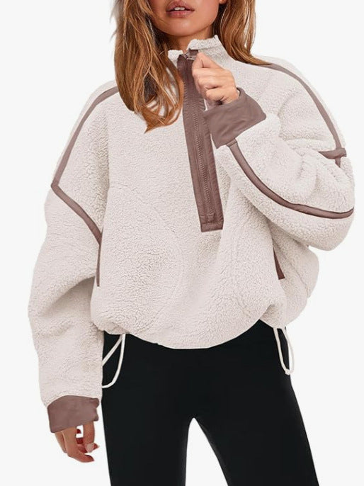 Plush quarter-zip sweatshirt in white with brown trim and pull tab