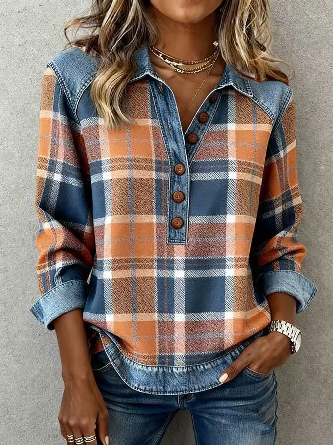Cable Knit Sweater for Women — Denim Collar Cuffs and Hem with Button Placket in Wool