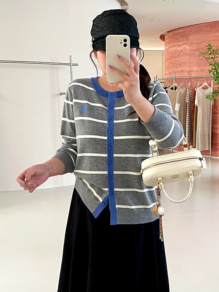 Striped Cardigan for Women — Button Front Knit with Contrast Trim in Soft Cotton