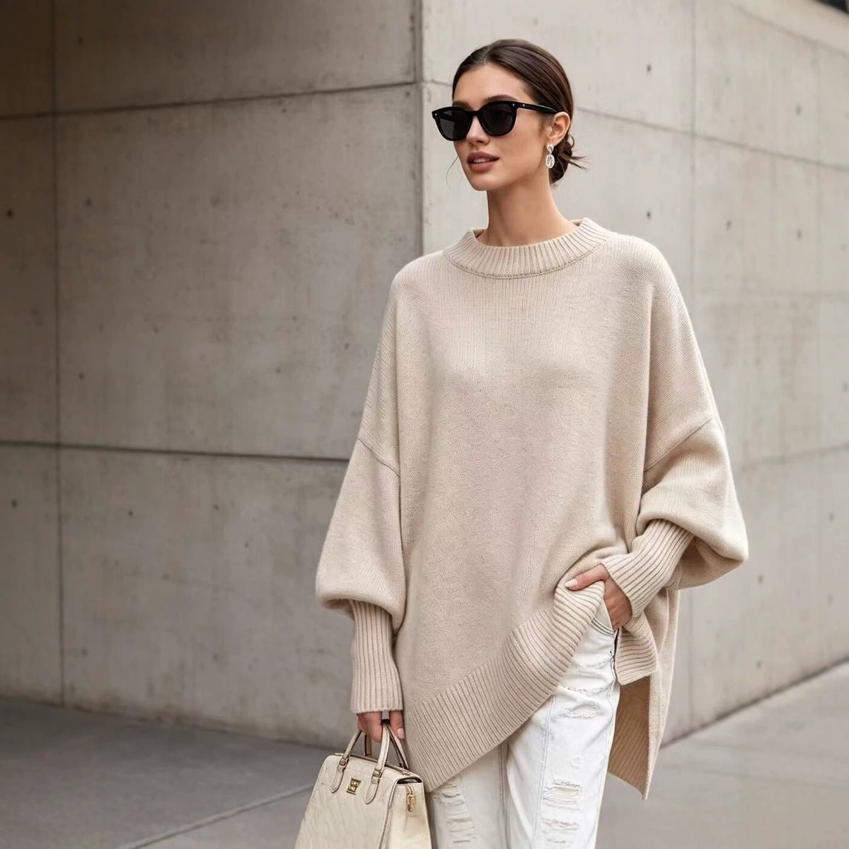 Plus-size knit sweater, solid light beige, round neck pullover with batwing sleeves