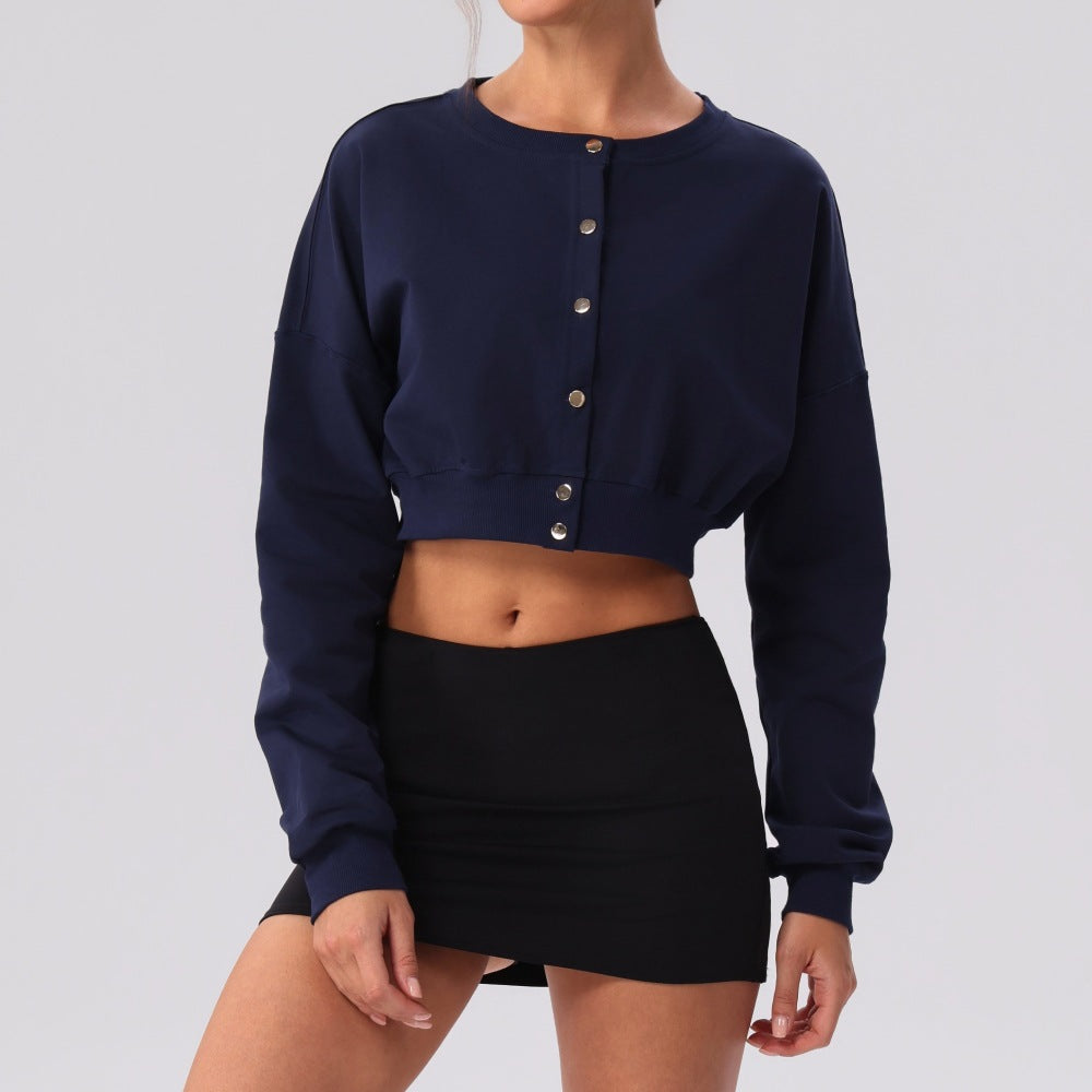 Navy blue cropped button-front sweatshirt with long sleeves and round neckline
