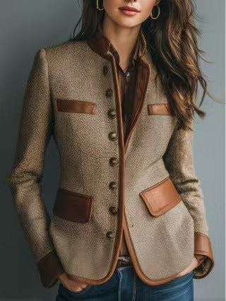 Tweed Blazer for Women — Herringbone Style with Contrast Trim and Stand Collar