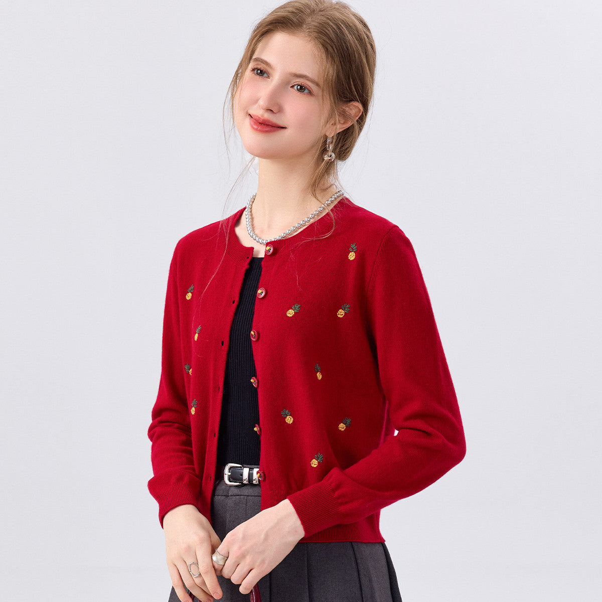 Red wool cardigan sweater, round neck, button-front, long sleeves, small fruit print