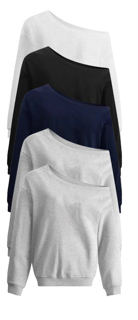 Women’s asymmetric one-shoulder sweatshirt in white, black, blue, and gray (loose fit)