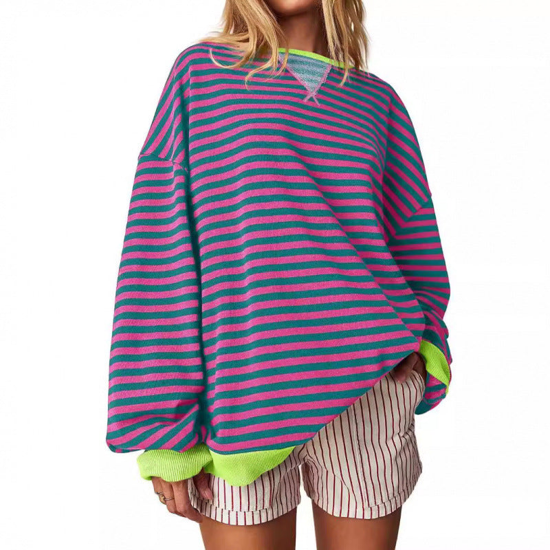 Women’s striped pullover sweatshirt with long sleeves and round neckline, teal and dark green.