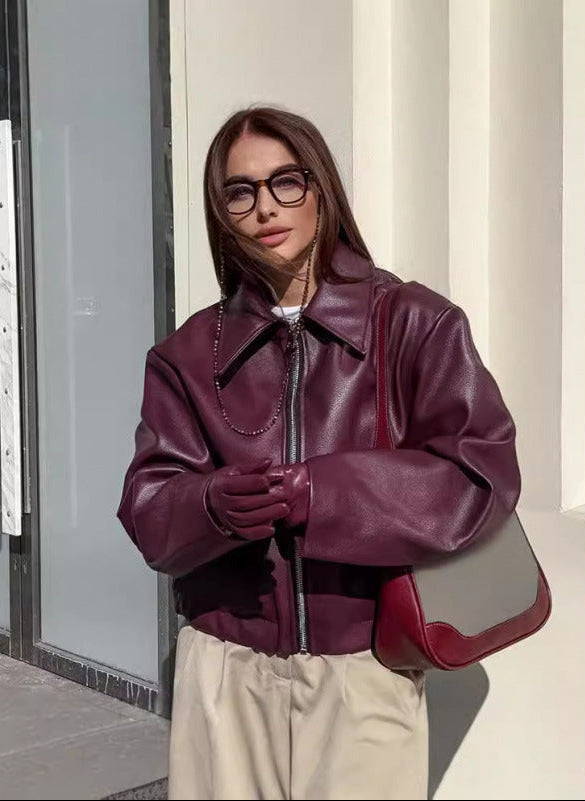 Faux Leather Bomber Jacket for Women — Oversized Cropped Fit with Point Collar