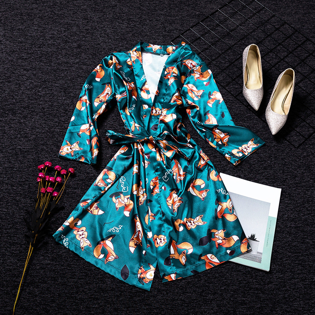 Silk-look printed fox robe with belt, teal blue