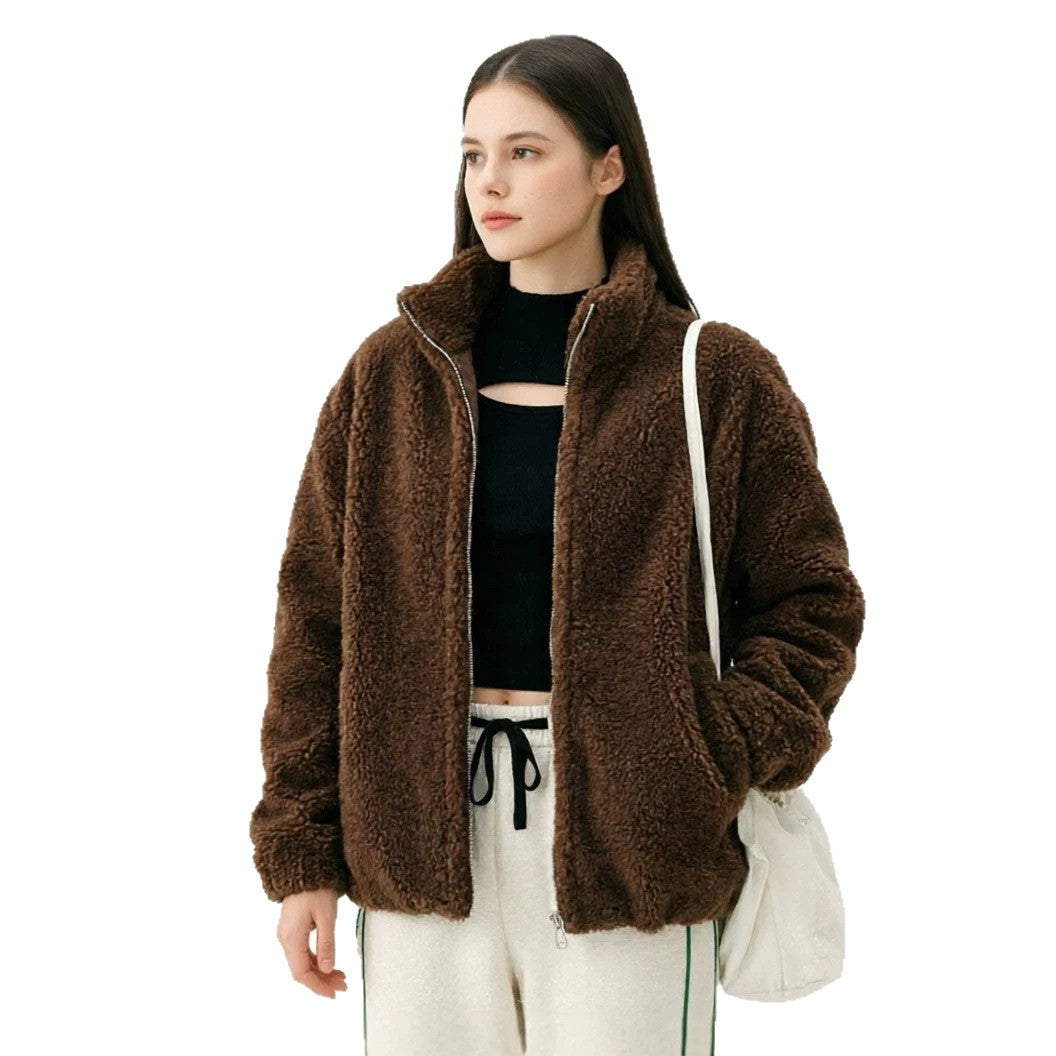 Women’s brown sherpa zip-up coat with stand collar, side pockets, and plush texture
