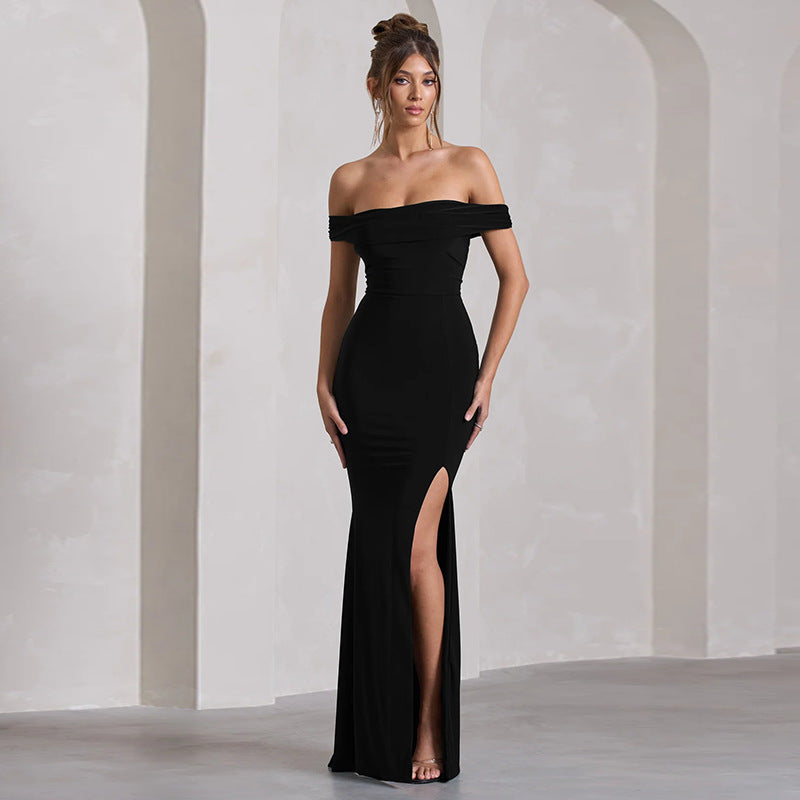 Off Shoulder Maxi Dress with High Slit — Fitted Formal Gown in Stretch Jersey