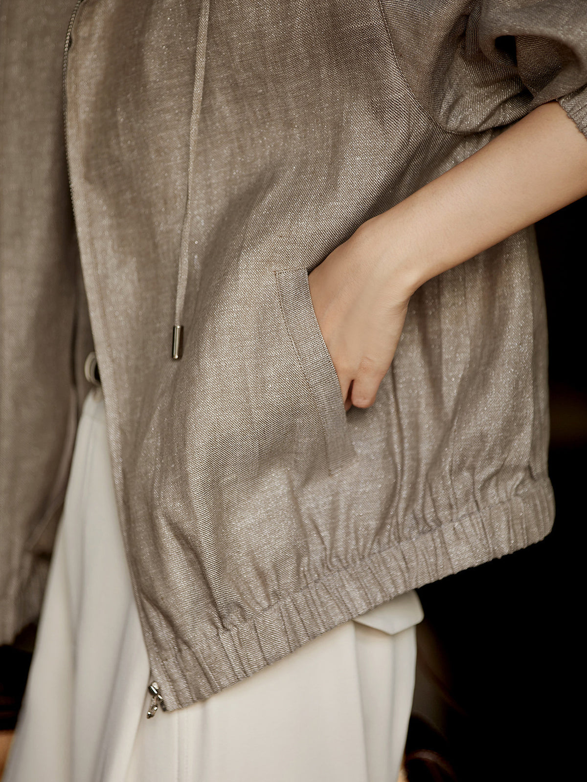 Light khaki gray linen zip-up jacket with ruched drawstring hem and pocket
