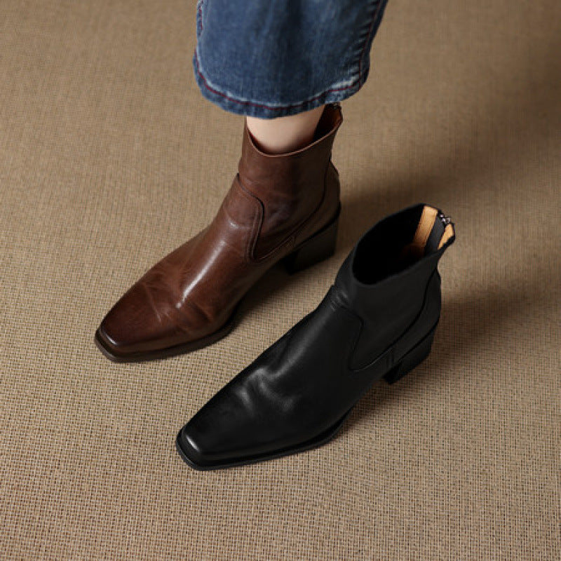 Leather Ankle Boots for Women — Square Toe with Stacked Block Heel and Back Zip