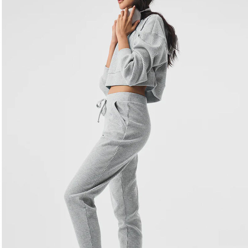Gray corduroy hooded pullover and matching jogger pants set, long sleeve top
