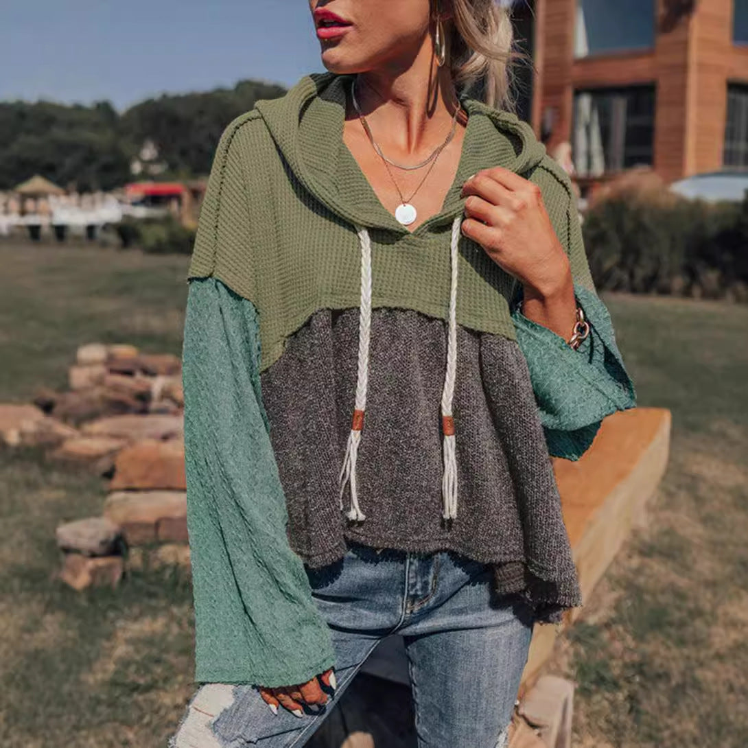 Women’s hooded long-sleeve tunic top with drawstring hood, olive green and teal color-block