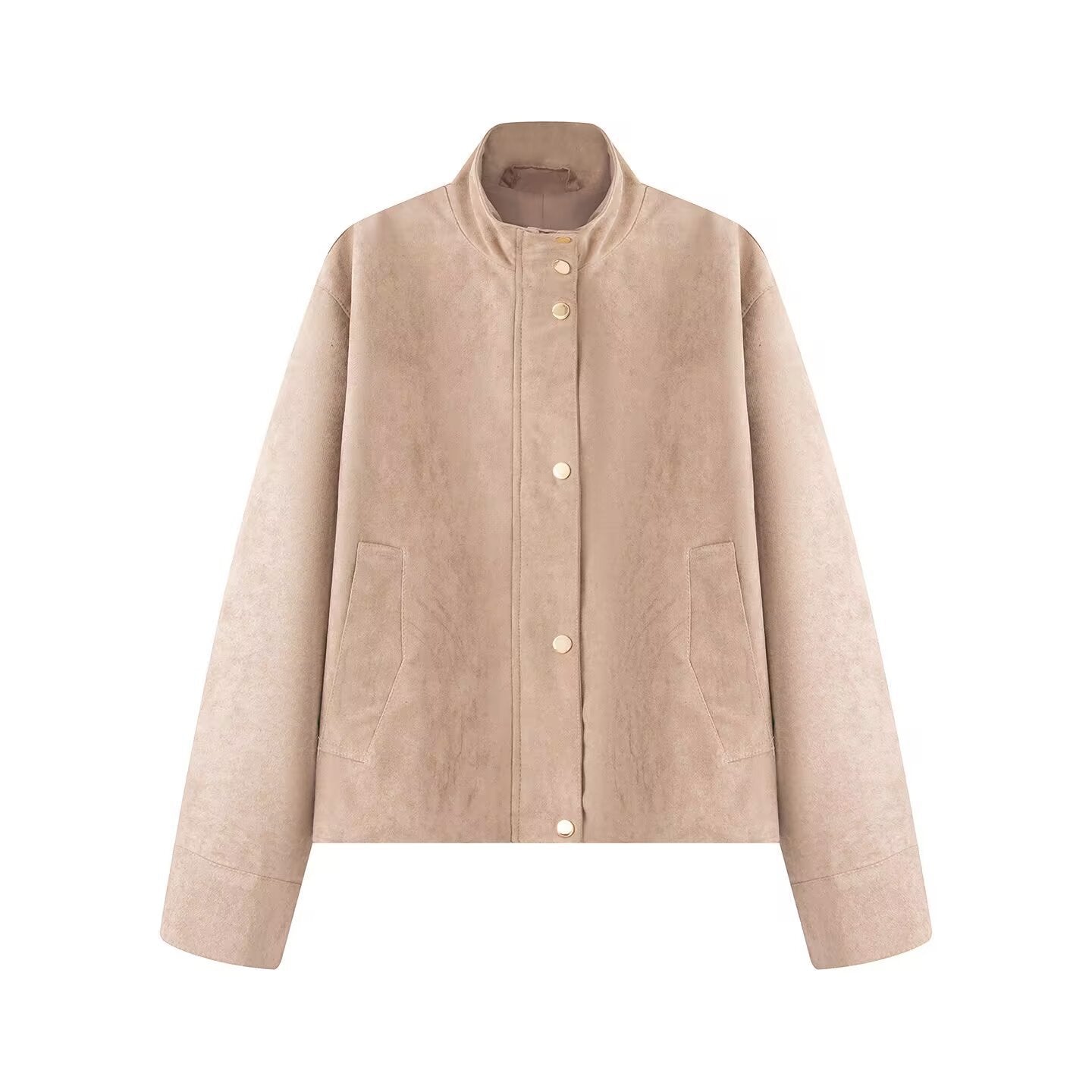 Beige suede-texture jacket with stand collar, snap buttons, long sleeves, chest pockets