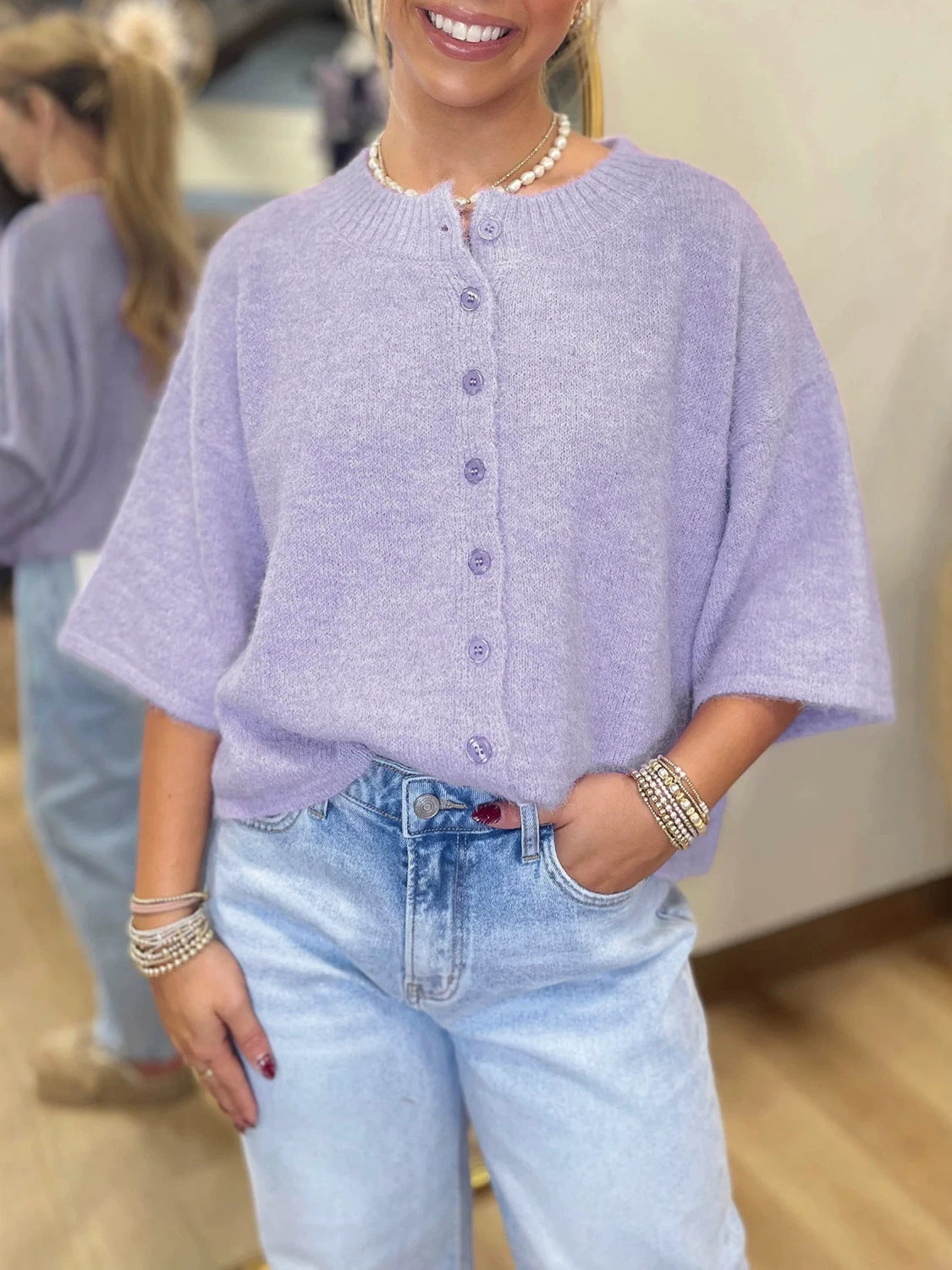 Short Sleeve Cardigan for Women — Boxy Button Front Knit in Soft Wool Blend