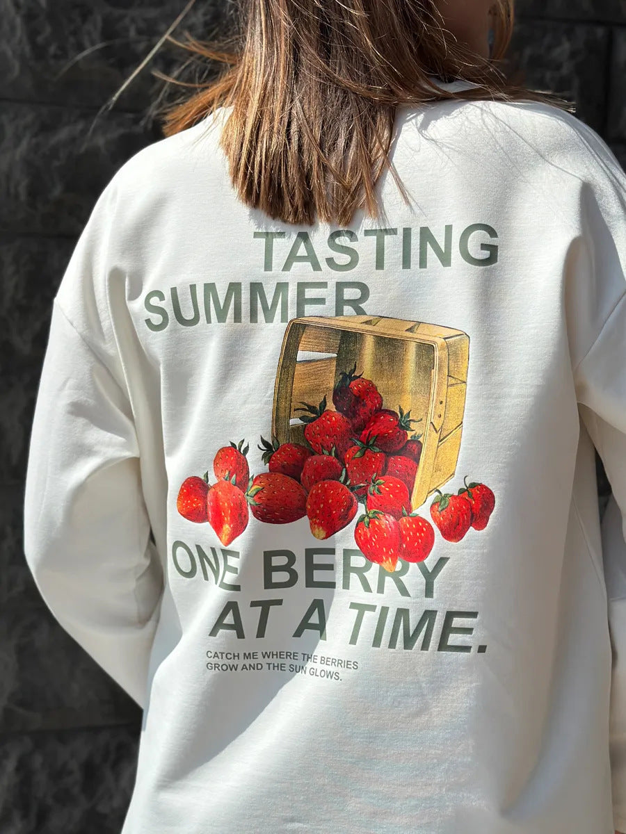 White long-sleeve cotton T-shirt, back graphic with strawberries and berry text