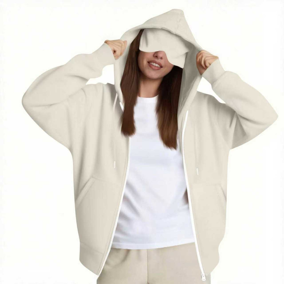 Women\'s zip-up hooded sweatshirt jacket in off-white, full front zipper, side pockets