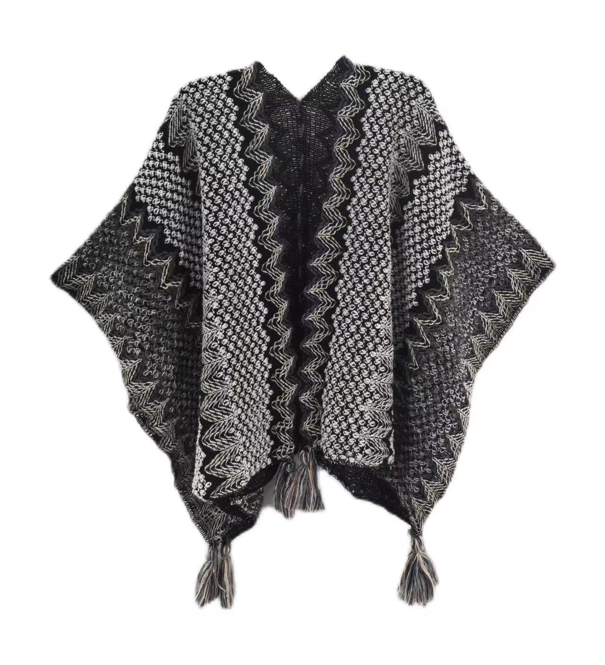 Black and gray knitted shawl with beige zigzag pattern and fringe tassels